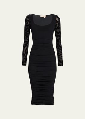 Ruched Long-Sleeve Bodycon Midi Dress