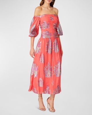 Ruched Off-Shoulder Floral Chiffon Midi Dress