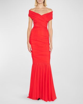Ruched Off-The-Shoulder Stretch Tulle Gown