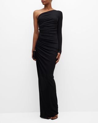 Ruched One-Shoulder Column Gown
