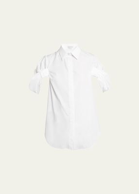 Ruched Puff-Sleeve Button-Front Blouse