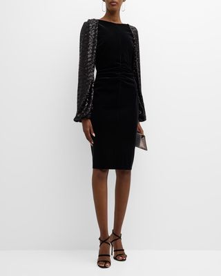 Ruched Sequin-Sleeve Velvet Midi Dress