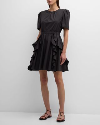 Ruched Short-Sleeve Ruffle Mini Dress