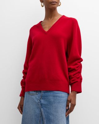 Ruched-Sleeve V-Neck Wool Sweater