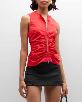 Ruched Sleeveless Zip-Front Top