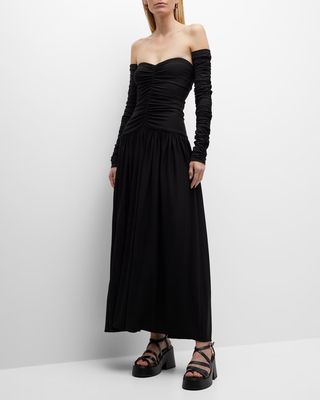 Ruched Strapless Long-Sleeve Maxi Dress