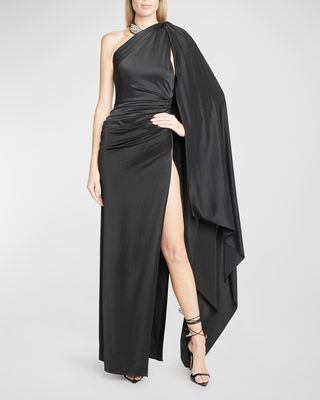 Ruched Thigh-Slit One-Shoulder Satin Gown With Detachable Cape