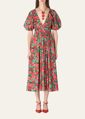 Ruched V-Neck Floral Print Midi Dress