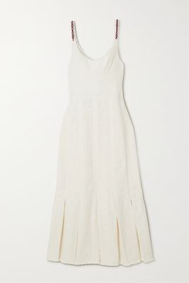 Rue Mariscal - Frayed Pleated Embroidered Cotton-voile Midi Dress - White
