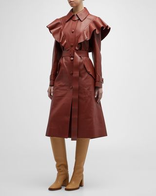 Ruffle Belted Classic Nappa Leather Trench Coat