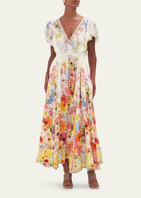 Ruffle Floral Silk Drawstring Maxi Dress