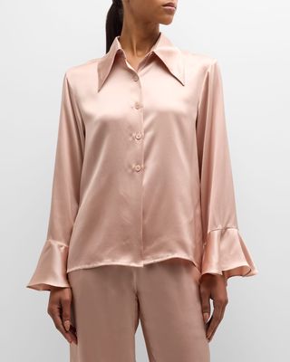 Ruffle Long-Sleeve Silk Pajama Set