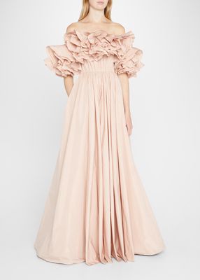 Ruffle Off-The-Shoulder Pleated Recycled Gown