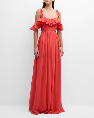 Ruffle Off-The-Shoulder Silk Georgette Gown