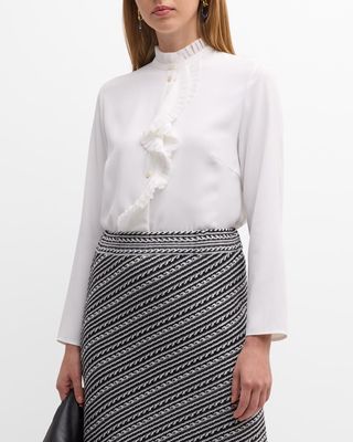 Ruffle-Trim Button-Down Crepe Blouse