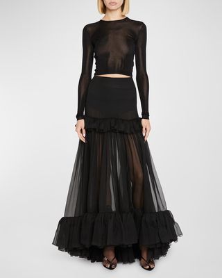 Ruffle-Trim High-Low Sheer Silk Maxi Skirt