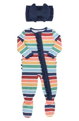 RuffleButts Cozy Rainbow Ruffle Fitted One-Piece Footie Pajamas & Head Wrap Set in White