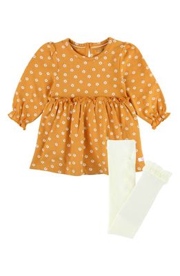 RuffleButts Floral Print Stretch Cotton Romper & Cotton Blend Tights Set in Honey