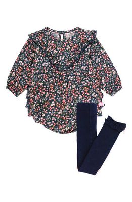 RuffleButts Floral Ruffle Bodysuit & Tights Set in Navy