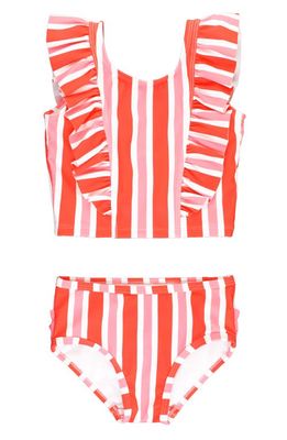 RuffleButts Kids' Cayenne Pop Stripe Waterfall One-Piece Swimsuit in Pink