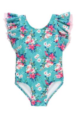 RuffleButts Kids' Fancy Me Floral Butterfly Sleeve One-Piece Swimsuit in Blue