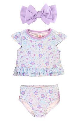 RuffleButts Kids' Floral Print Two-Piece Swimsuit & Bow Head Wrap Set in Blue