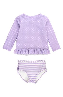 RuffleButts Kids' Heart Stripe Long Sleeve Two-Piece Swimsuit in Purple