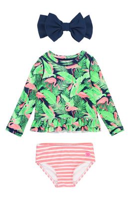 RuffleButts Kids' Long Sleeve Two-Piece Rashguard Swimsuit & Hat Set in Flamingo Frenzy