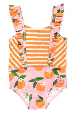 RuffleButts Kids' Mixed Print Bow One-Piece Swimsuit in Orange Multi