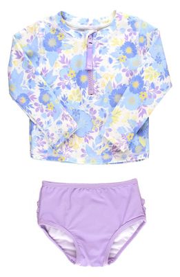 RuffleButts Kids' Pristine Blooms Two-Piece Rashguard Swimsuit in Purple Blue White