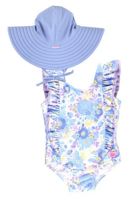 RuffleButts Kids' Pristine One-Piece Swimsuit & Hat Set in Blue Multi