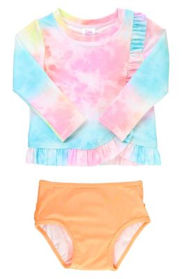 RuffleButts Kids' Rainbow Tie Dye Long Sleeve Two-Piece Rashguard Swimsuit in Orange Multi