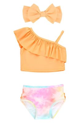 RuffleButts Kids' Rainbow Tie-Dye Two-Piece Swimsuit & Head Wrap Set in Orange