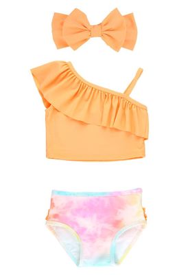 RuffleButts Kids' Rainbow Tie Dye Two-Piece Swimsuit & Headband Set in Orange