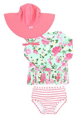 RuffleButts Kids' Rosy Sweetheart Two-Piece Peplum Rashguard Swimsuit & Hat Set in Pink