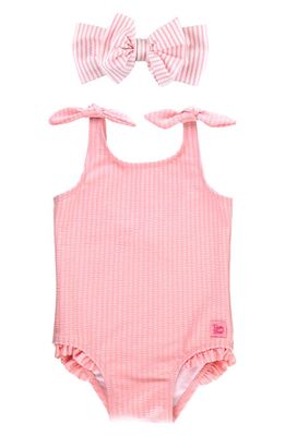 RuffleButts Kids' Seersucker One-Piece Swimsuit & Headband Set in Pink