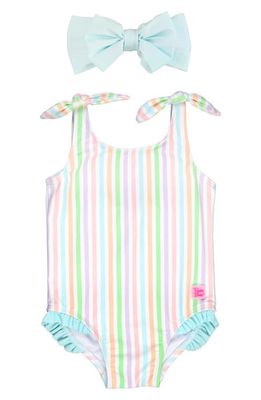 RuffleButts Kids' Stripe One-Piece Swimsuit & Bow Headband Set in Aqua Multi Stripe