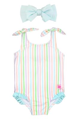 RuffleButts Kids' Stripe One-Piece Swimsuit & Headband Set in Pale Rainbow