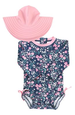 RuffleButts Moonlit Meadow One-Piece Rashguard Swimsuit & Hat Set in Navy & Pink Floral
