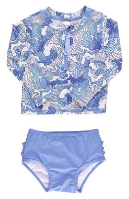 RuffleButts Ocean Camoflauge Long Sleeve Two-Piece Rashguard Swimsuit in Blue