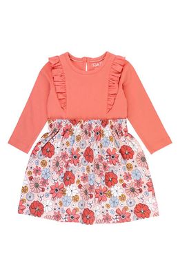 RuffleButts Peace Flowers Ruffle Long Sleeve Stretch Cotton Fit & Flare Dress in Pink