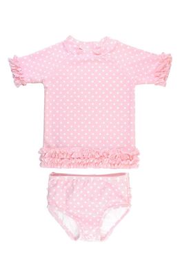 RuffleButts Pink Polka Dot Ruffle Two-Piece Rashguard Swimsuit