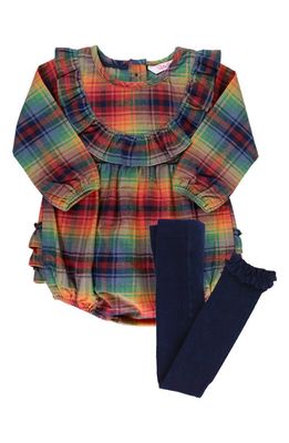 RuffleButts Plaid Cotton Bubble Romper & Tights Set in Blue