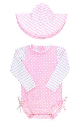 RuffleButts Polka Dot One-Piece Rashguard Swimsuit & Sun Hat Set in Pink