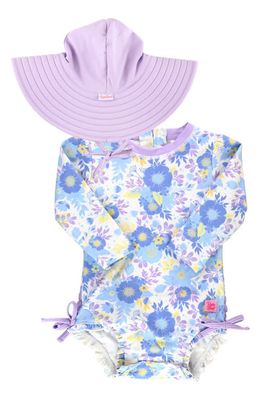 RuffleButts Pristine Periwinkle One-Piece Rashguard Swimsuit & Hat Set in Lavender