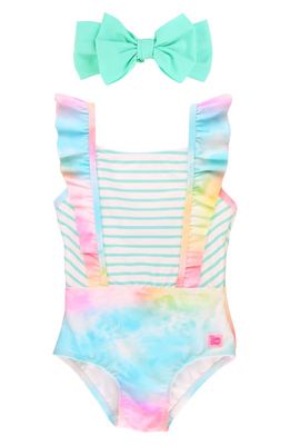 RuffleButts Rainbow Stripe One-Piece Swimsuit & Headband in Teal/Pink Multi