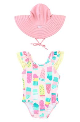 RuffleButts Ruffle One-Piece Swimsuit & Hat Set in Pink Popsicles