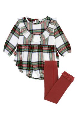 RuffleButts Ruffle Plaid Cotton Flannel Romper & Rib Footless Tights Set in White/Green/Red Plaid