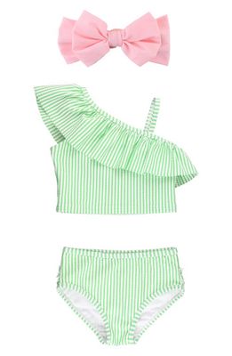 RuffleButts Ruffle Seersucker Two-Piece Swimsuit & Headband Set in Spring Green Seersucker