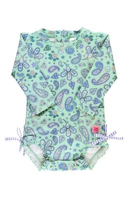 RuffleButts Sea Glass Paisley Long Sleeve One-Piece Rashguard Swimsuit in Blue